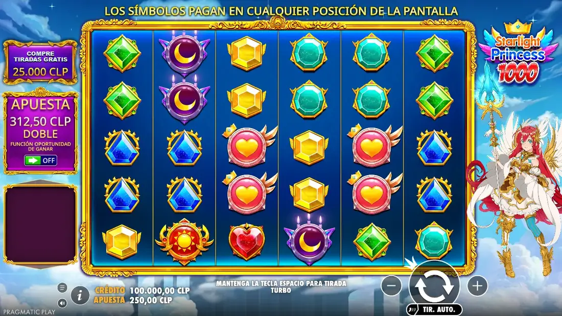 Cuadrícula del juego base de Starlight Princess 1000 en modo demo